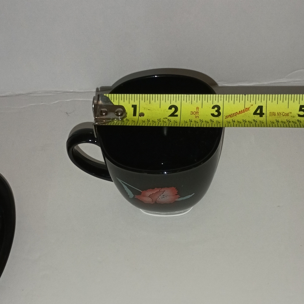 Set of 2 Arcoroc France Floral  Black Glass Demitasse Espresso Cups Saucers Vtg - Picture 4 of 6